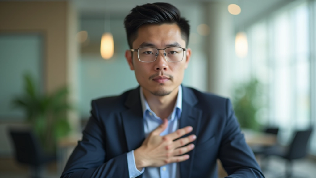 Person taking a mindful pause during a work conversation, showing intentional breathing and composure