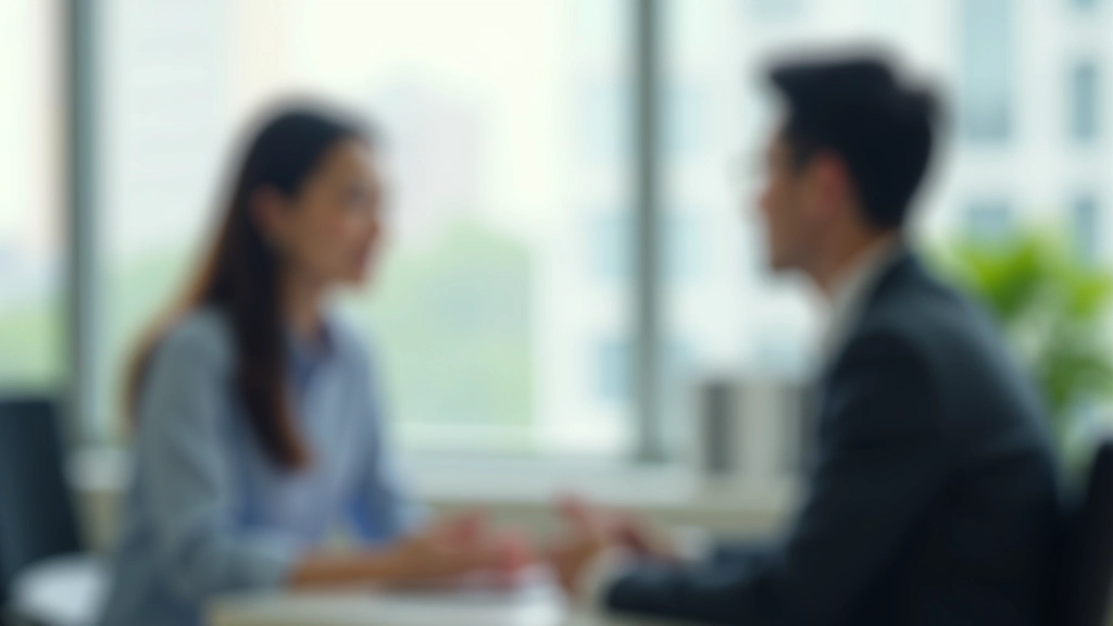 Two professionals having a productive one-on-one conversation at a clean desk with positive body language in modern office